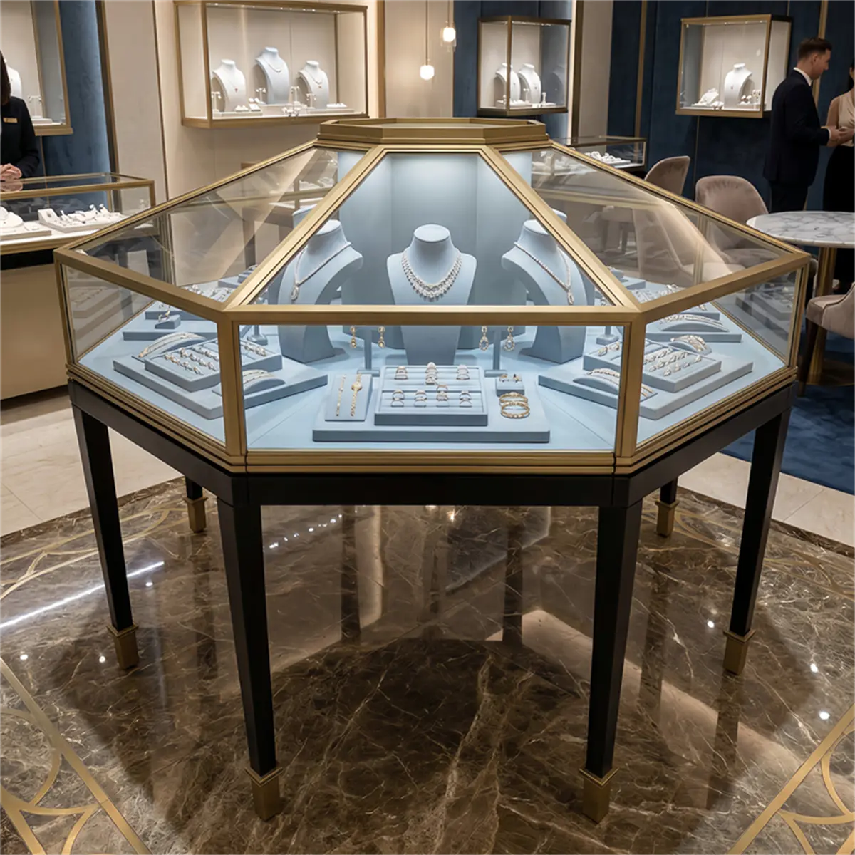 Luxury retail display of Custom Octagonal Jewelry Showcases with 304 stainless steel frame and CRI 95+ LEDs
